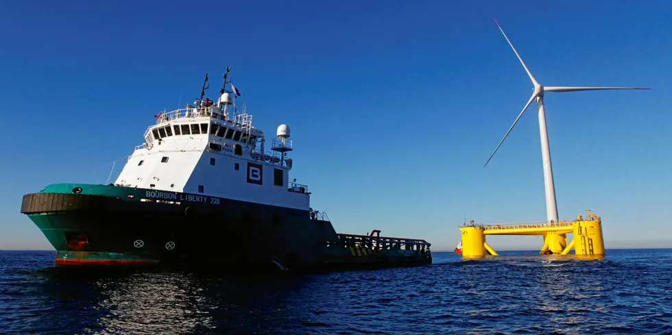 Bourbon vessel towing out Principle Power WindFloat 1 floating wind unit installed off Portugal in 2011