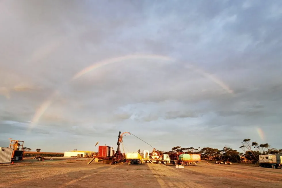 A rainbow over Gold Hydrogen's Ramsay 2 drill site in South Australia.