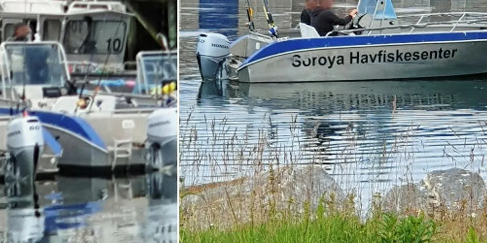 DUMPER AVFALL: Disse bildene viser turistfisker, fra Sørøya Havfiskesenter, som kaster slog og avskjær etter filetering, rett utenfor havna i Breivikvotn.