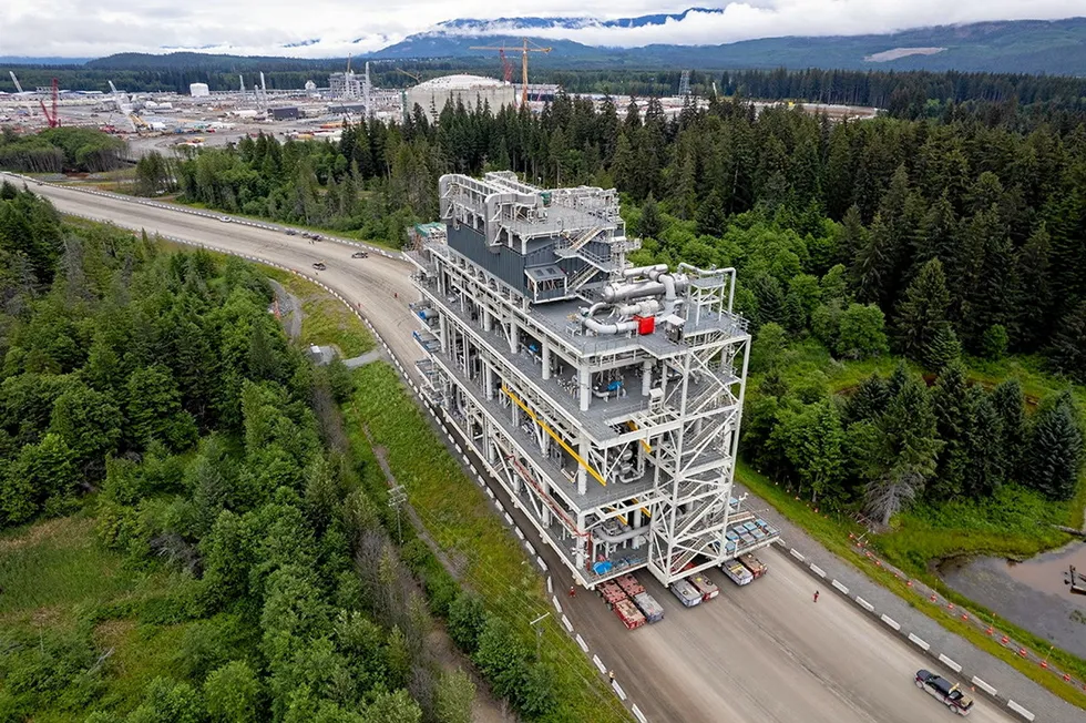 First off the block: A module being delivered to the LNG Canada construction site in July 2022.