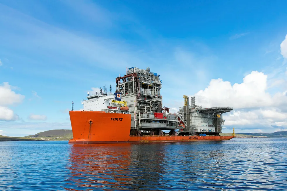 Heavy load: the Dockwise Forte, one of three Dockwise heavy transport vessels currently in the Shetland Islands carrying modules for Statoil’s Mariner field