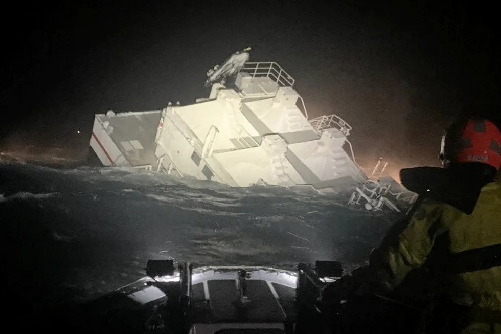 Severe icy weather conditions could be one reason why Iceland-based salmon farmer Laxar's feed barge sank in 2021. (The picture is not related to Bakkafrost's barge that sunk in Scotland in 2023.)
