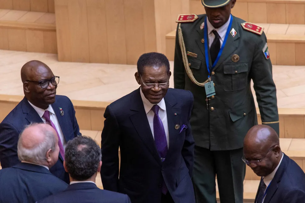 Deals signed: Equatorial Guinea President Teodoro Obiang Nguema (centre) arrives at the African Union headquarters in Addis Ababa, Ethiopia on 18 February.