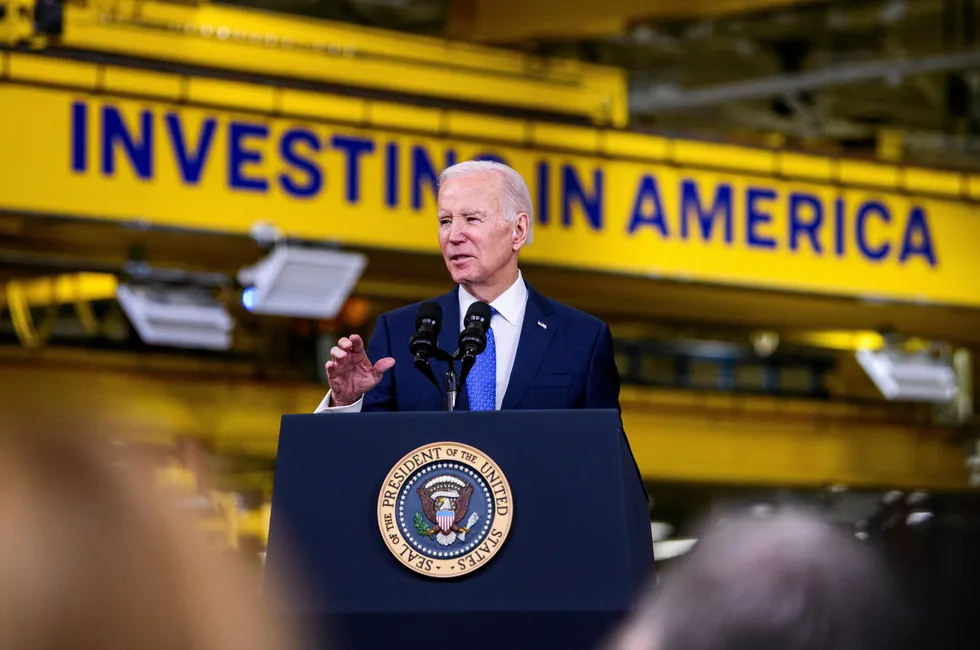 President Joe Biden speaking at Cummins' factory in Fridley, Minnesota, on Monday.