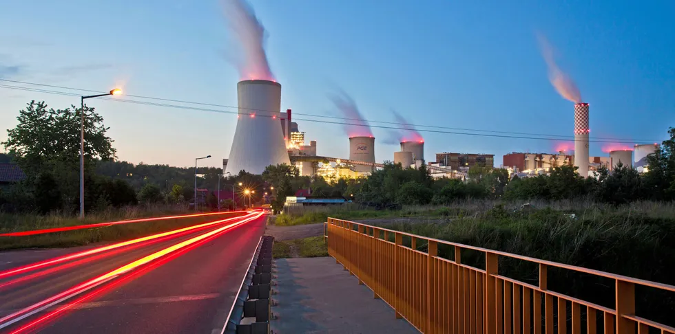 View of the cooling towers of the Turow power plant in Bogatynia, Poland.
