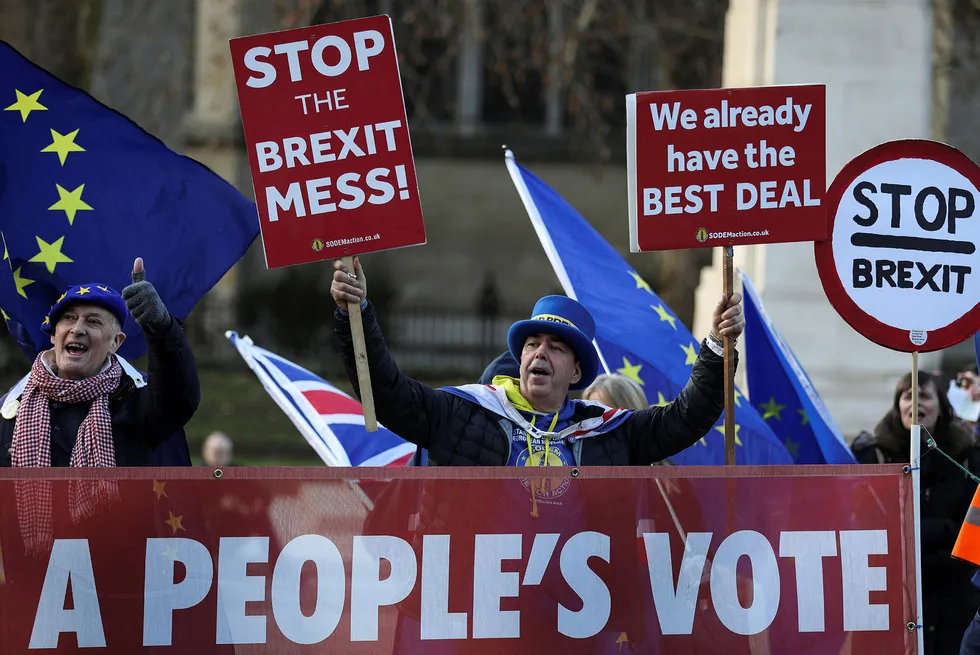 Anti-brexit-protestanter holder stand utenfor parlamentet i London fredag. Neste uke skal avtalen stemmes over.