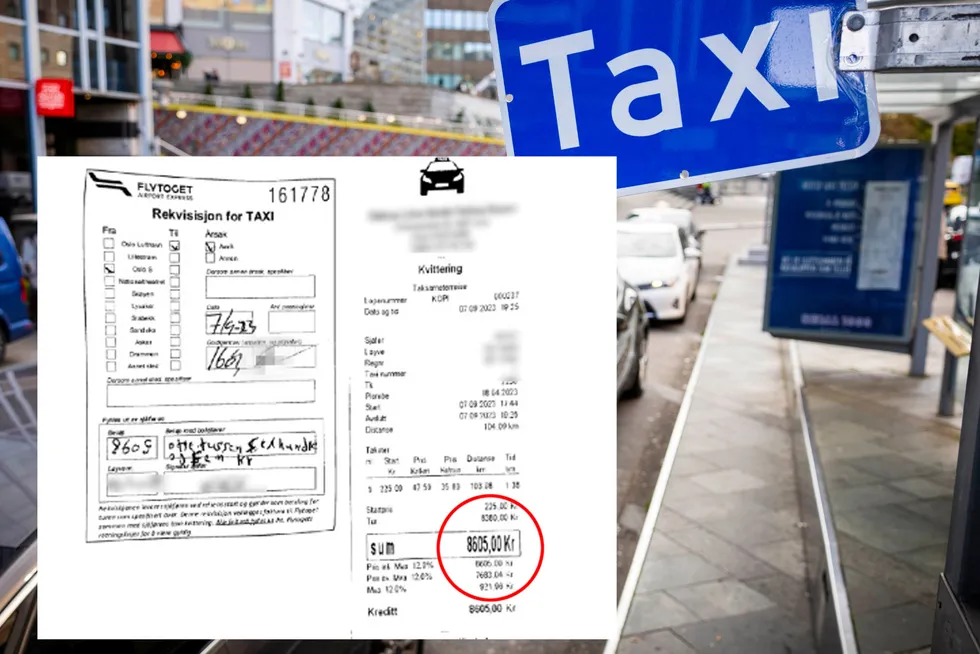 Denne taxisjåføren skulle ifølge rekvisisjonen kjøre de 49 kilometerne fra Gardermoen til Oslo S. Vedkommende har i stedet ifølge kvitteringen kjørt over 100 kilometer og belastet Flytoget med et krav på 8605 kroner.