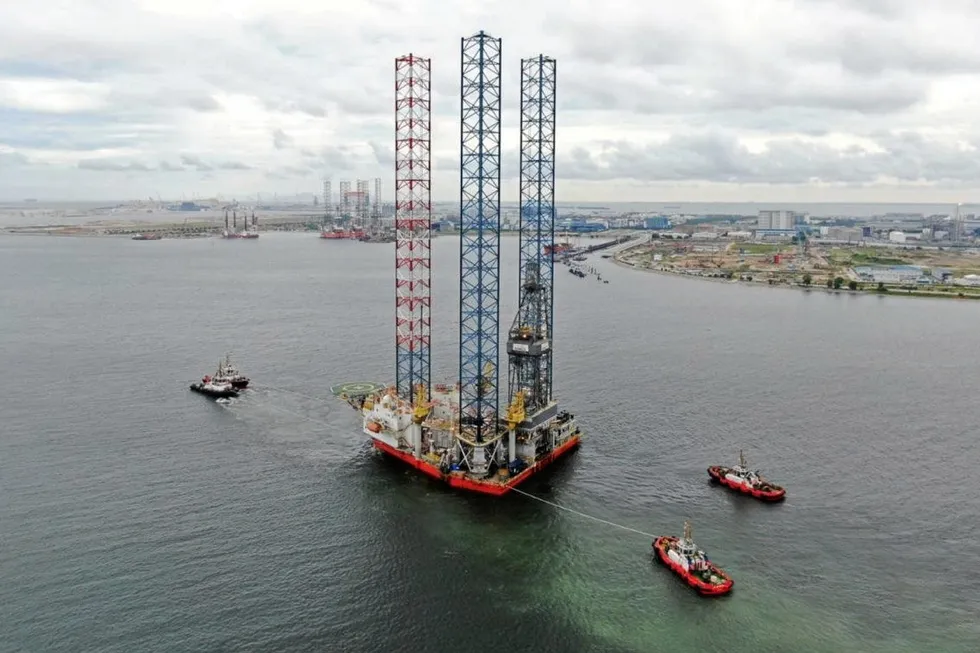Under tow: the jack-up drilling rig Gunnlod owned by Borr Drilling