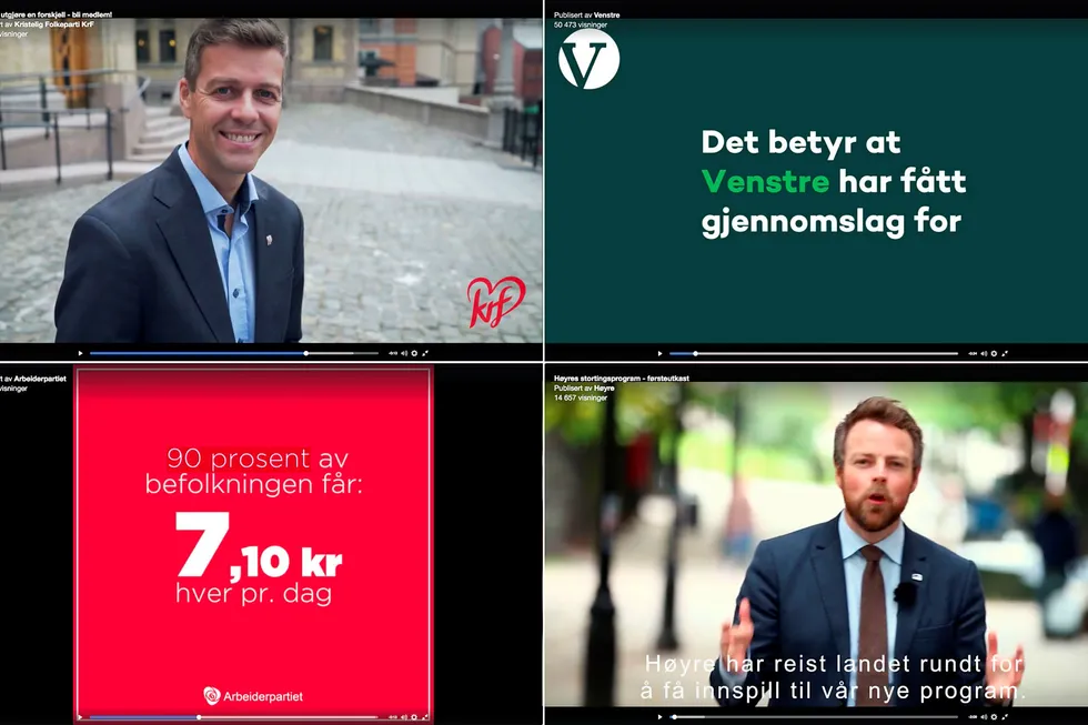 Norske politikere og partier bruker blant annet Facebook til å reklamere for sine politiske budskap. På vanlige tv-kanaler er ikke dette lov. Faksimile fra Facebooksidene til KrF, Venstre, Arbeiderpartiet og Høyre