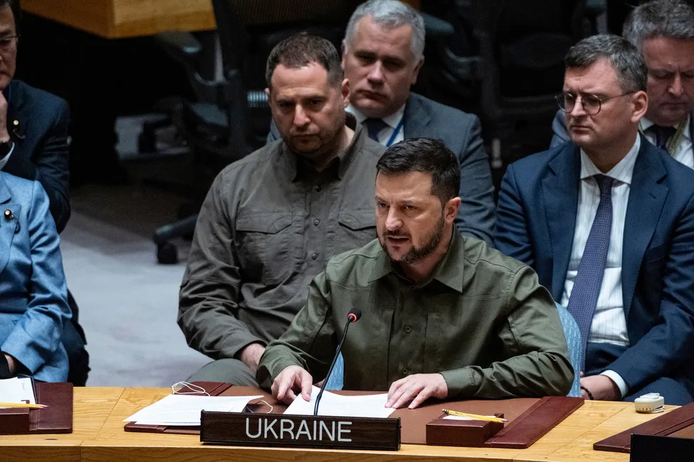 Ukrainas president Volodymyr Zelenskyj taler til Sikkerhetsrådet under FNs høynivåuke.