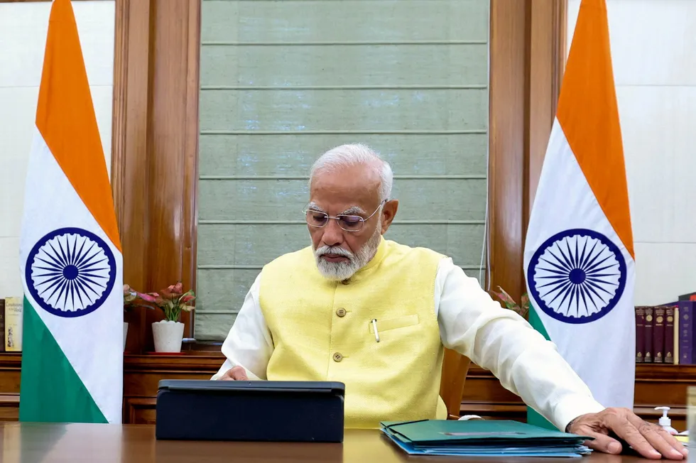 Indian prime minister Narendra Modi working on a tablet at his desk in New Delhi last month.