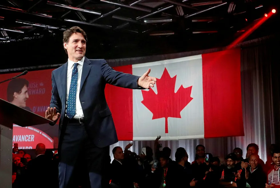 Election win: Canadian Prime Minister Justin Trudeau reacts after the federal election at the Palais des Congres in Montreal, Quebec earlier this week