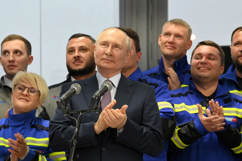 Russian President Vladimir Putin pictures at the launch of the first LNG train for the Arctic LNG 2 project.