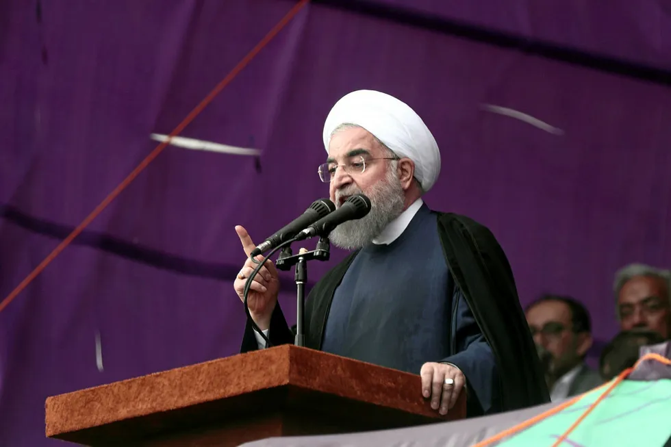 Campaign: Iranian President Hassan Rouhani gives an address at a campaign rally in Mashhad this week