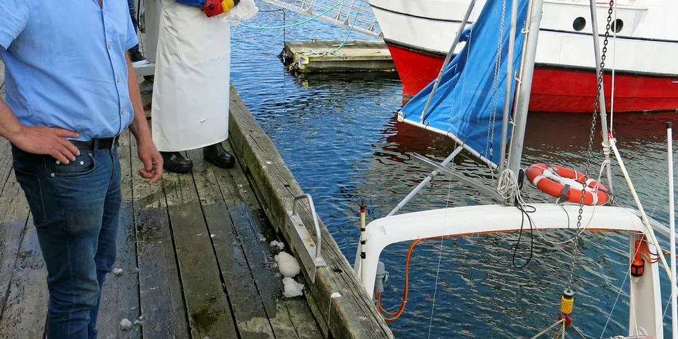 LÆREREN SOM BLE FISKEKJØPER: Harald Lorentzen er ungdomsskolelæreren som ble fiskekjøper. I 19 år har han drevet med det. Før det var han lærer i 30 år. Ved vinsjen Raimond Johansen.