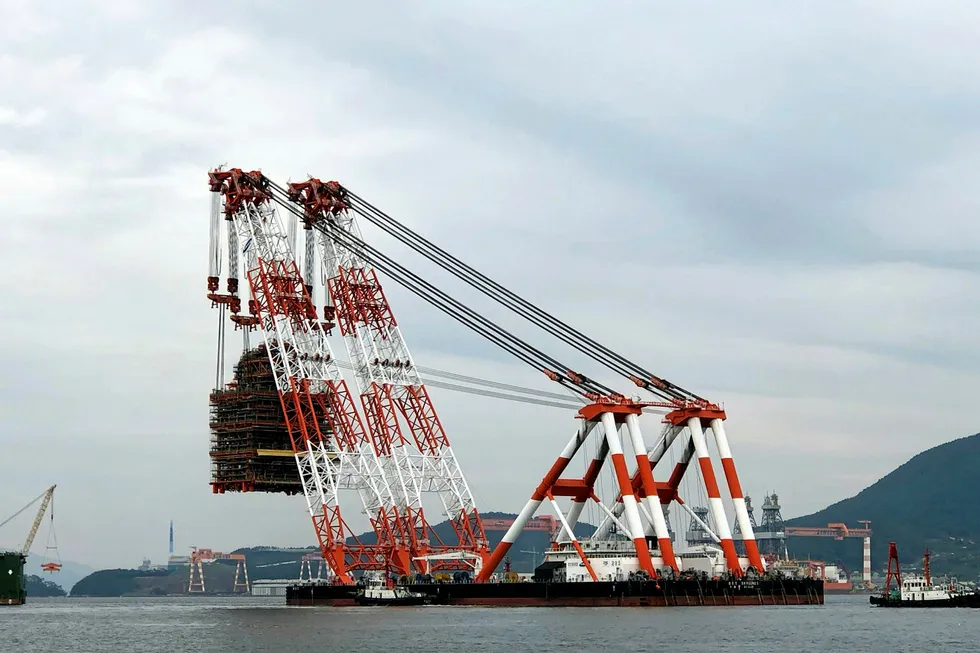 Heavy work: the final topside module for the Coral Sul floating liquefied natural gas project is lifted into place at Samsung Heavy Industries in South Korea