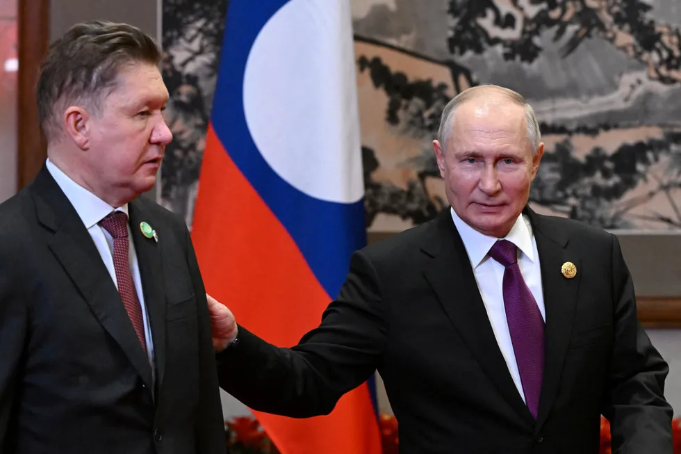 Promises: Gazprom executive chairman Alexei Miller (left) and Russian President Vladimir Putin pictured at this month’s Belt & Road Forum in Beijing.