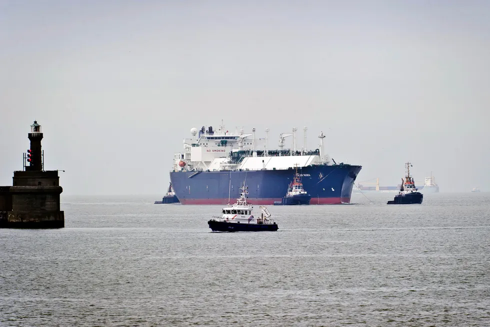 A Liquefied Natural Gas (LNG) tanker into the harbor area at the port of Zeebrugge, a major hub for the transshipment of LNG. The tanker was pictured in 2012.
