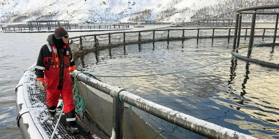 LAKSEKOMMUNEN ALTA: En lakselokalitet til Cermaq i Alta kommune. Alta, som er en av landets største laksekommuner, fikk i høst 46,4 millioner kroner fra havbruksfondet.Foto: Agnar Berg