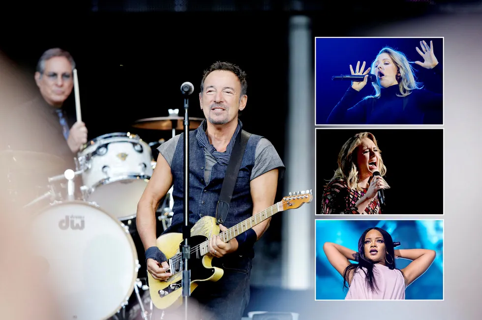 Bruce Springsteen var blant storfuglene som gjestet Norge ifjor. Innfelt: Ellie Goulding (øverst), Adele og Rihanna tok også turen. Foto: Berit Roald, NTB Scanpix