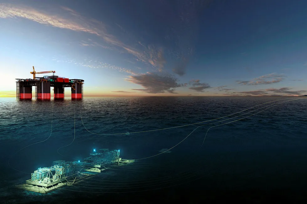 Development plan: a rendering of the proposed subsea compression system and power and controls floater for the Chevron-operated Jansz-Io gas field off Australia