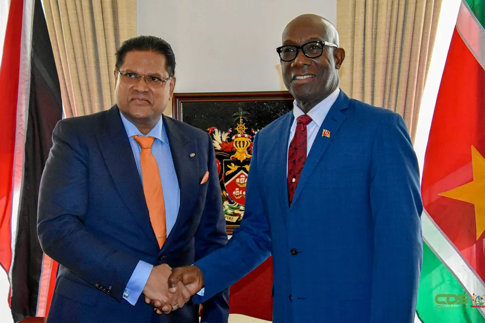 Agreement: Suriname’s President Chandrikapersad Santokhi (left) and Trinidad & Tobago’s Prime Minister Keith Rowley.