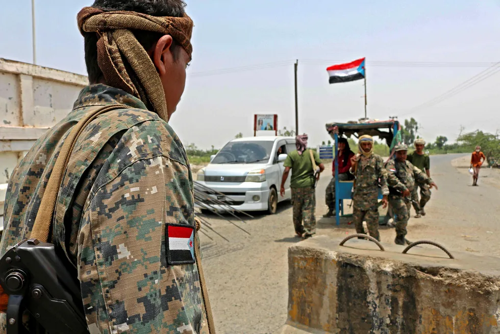Checkpoint: fighters with the UAE-trained Security Belt Forces loyal to the pro-independence STC near Zinjibar in south-central Yemen this week