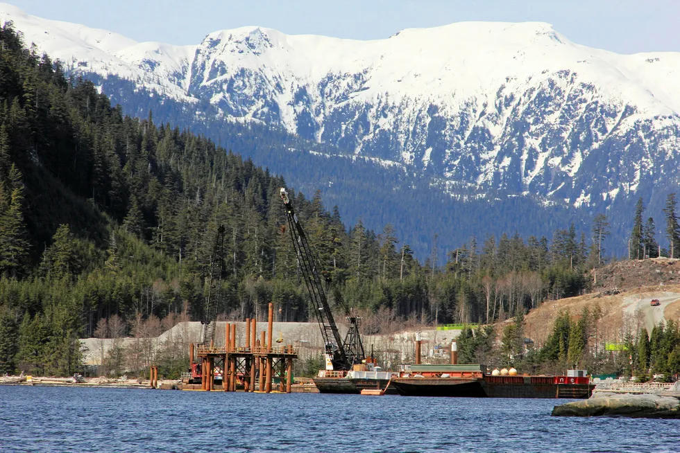 Impairment warning: Cranes work in the water at the Kitimat LNG site near Kitimat, in northwestern British Columbia