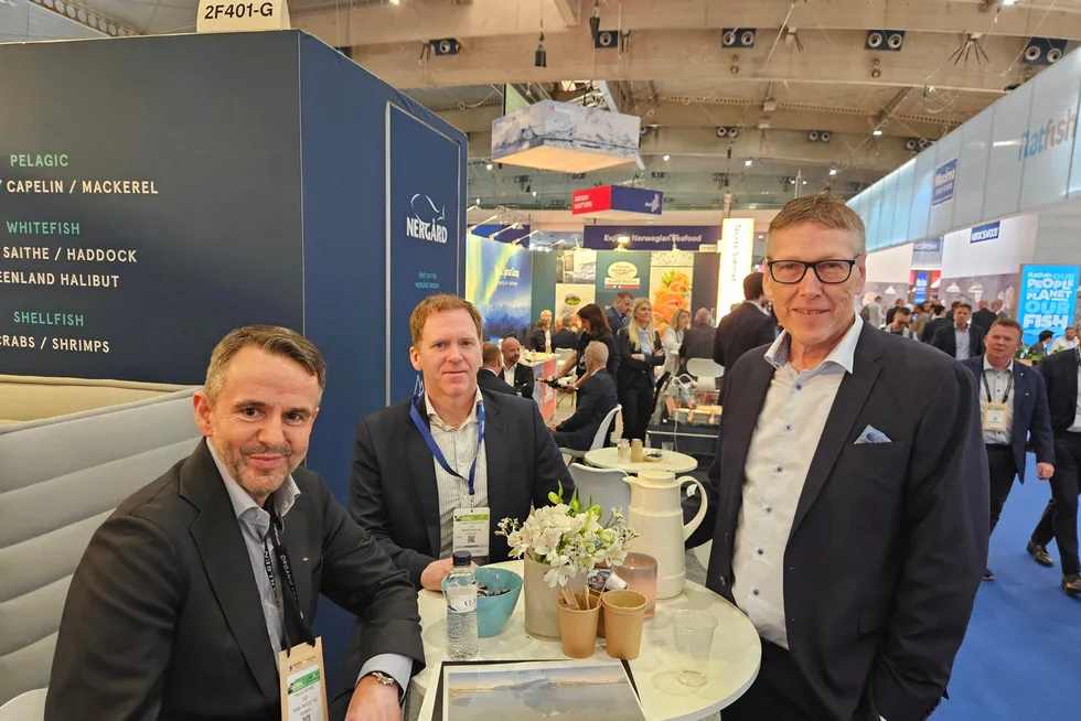 L-R: Yngve Myhre, chairman of Kime Akva, Tommy Torvanger, CEO of Nergard, and Ole-Martin Andreassen, chairman of Oddvar Nes, presented the news during the seafood expo in Barcelona.