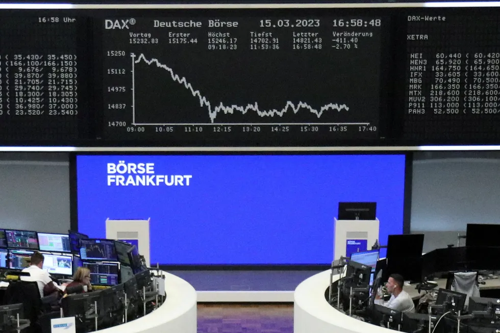 Down it goes: Germany's DAX share price index pictured as stocks slide on news of liquidity problems at Credit Suisse, 15 March 2023