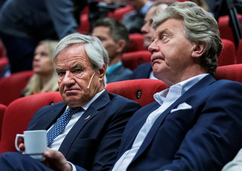 Bjørn Kjos (til venstre) og Bjørn H. Kise har gjennom HBK Holding as har inngått en TRS-avtale med Danske Bank for fem mill. aksjer i Norwegian.