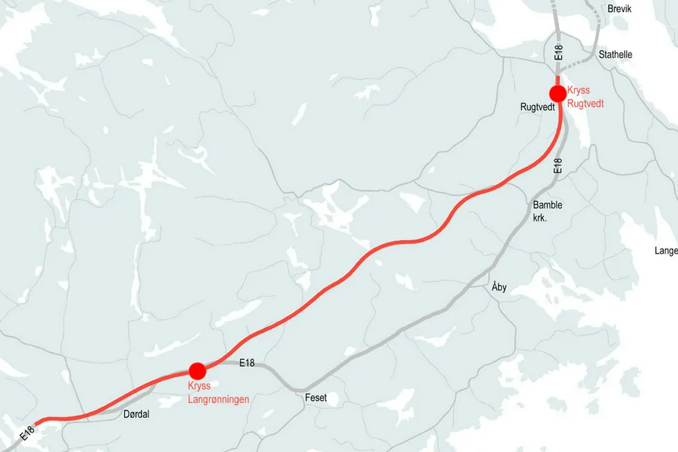 Dette er den nye traseen for ny firefelts E18 fra Rugtvedt til Dørdal i Telemark. Skisse: Nye Veier as