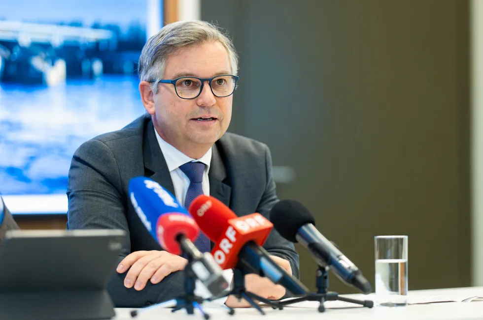 Austrian finance minister Magnus Brunner making the announcement to journalists this morning.