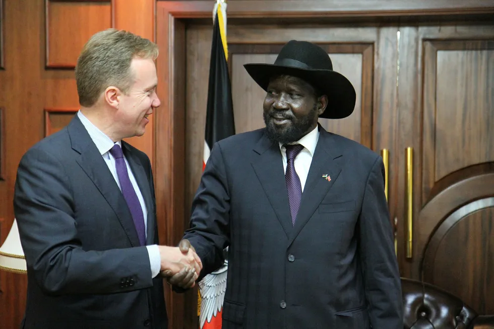 President Salva Kiir, her sammen med daværende utenriksminister Børge Brende (H) i 2014. Foto: Astrid Sehl / Utenriksdepartementet / NTB scanpix