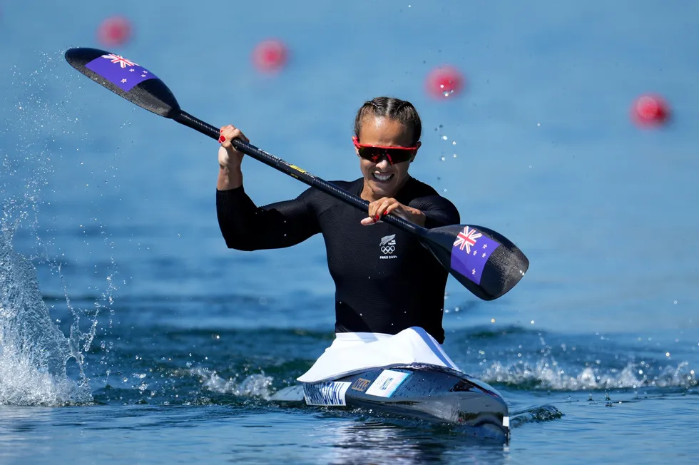 New Zealand's triple gold medallist Lisa Carrington at the 2024 Olympics exhibits her brand of hydro power.