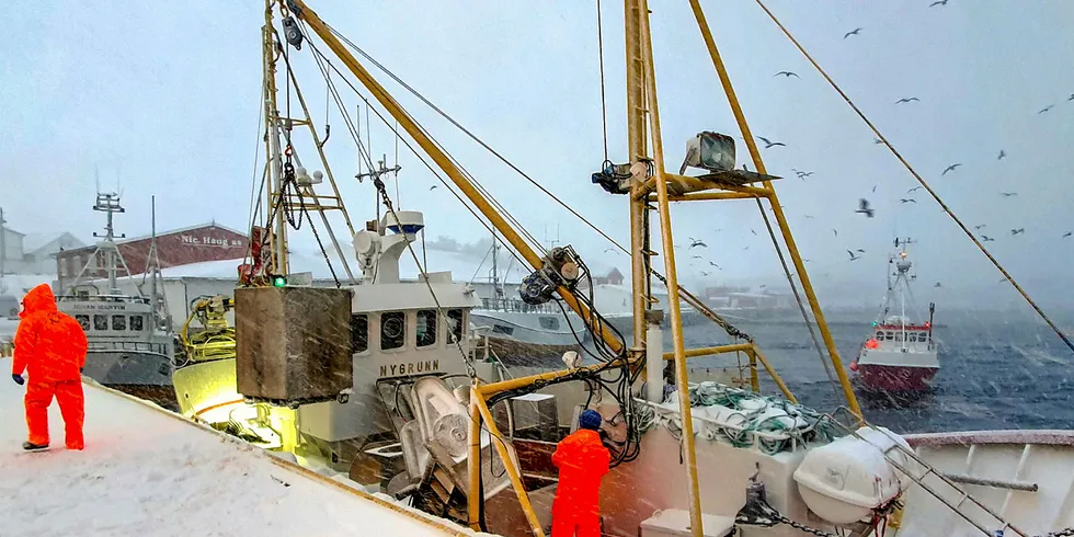 LEMPER PÅ LAND: «Nygrunn» fra Vestvågøy var en av båtene som losset seifangsten i uvær, hos Nic. Haug AS på Ballstad, mens det polare lavtrykket slo inn over Lofoten tirsdag.