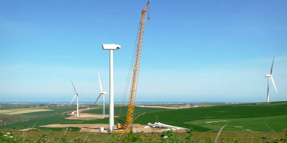 A wind turbine under construction in Cornwall in the UK.