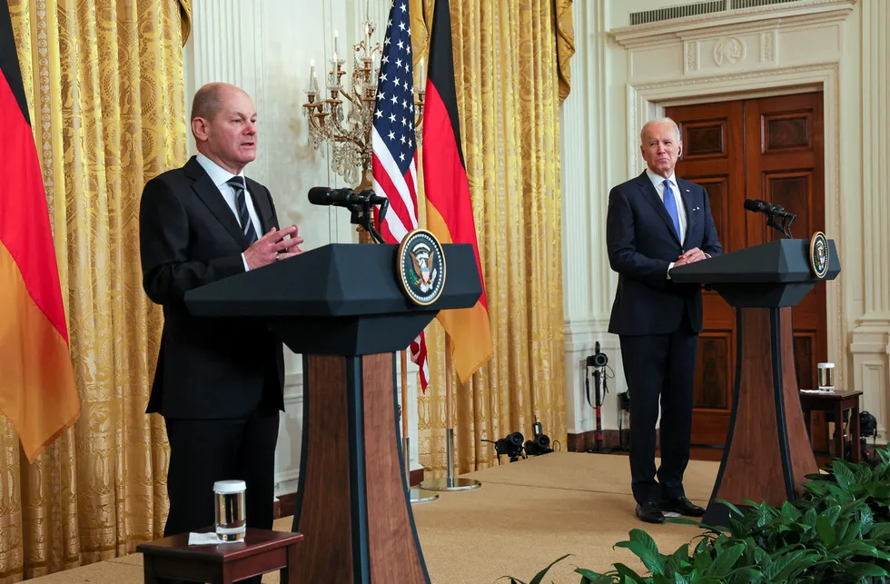 Cooperation: US President Joe Biden (right) holds a joint news conference with German Chancellor Olaf Scholz (left) at the White House last month