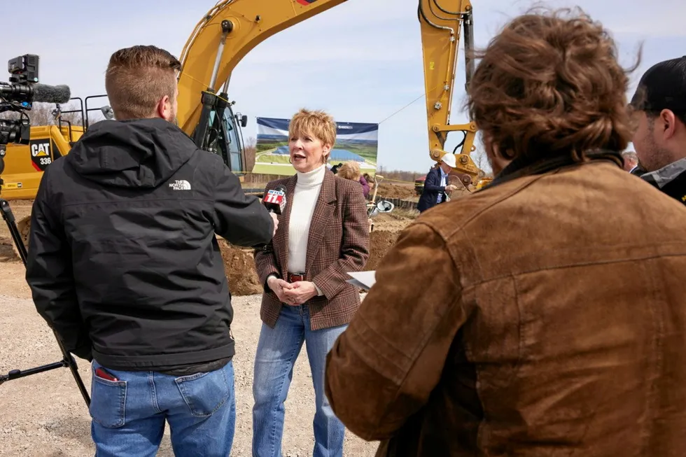 AquaBounty CEO Sylvia Wulf at the company's ground-breaking for its 10,000 metric-ton facility in Pioneer, Ohio on April 20.