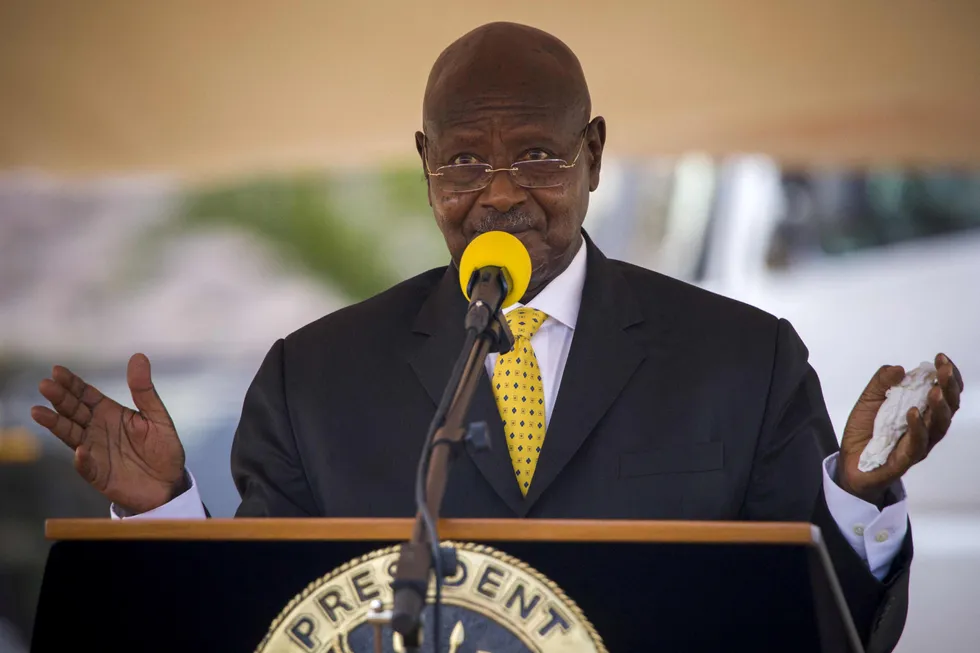 Berating: Uganda's President Yoweri Museveni was speaking at the Kololo Independence Grounds in Kampala
