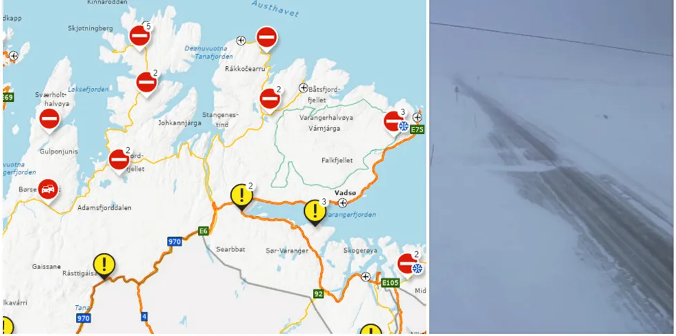 Tirsdag er det meste av Finnmark stengt av uvær. Bildet til høyre viser Vegvesenets webkamera et stykke sør for Vardø.