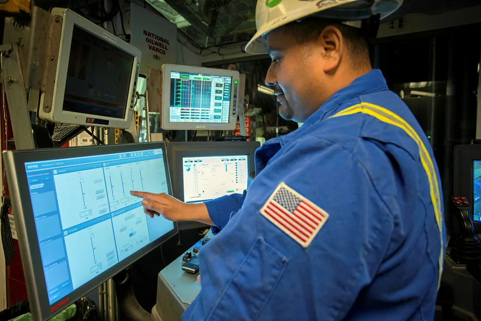 A worker on a Precision Drilling rig running the company's Process Automation technology in the Permian basin. Received June 2017. Photo: PRECISION DRILLING