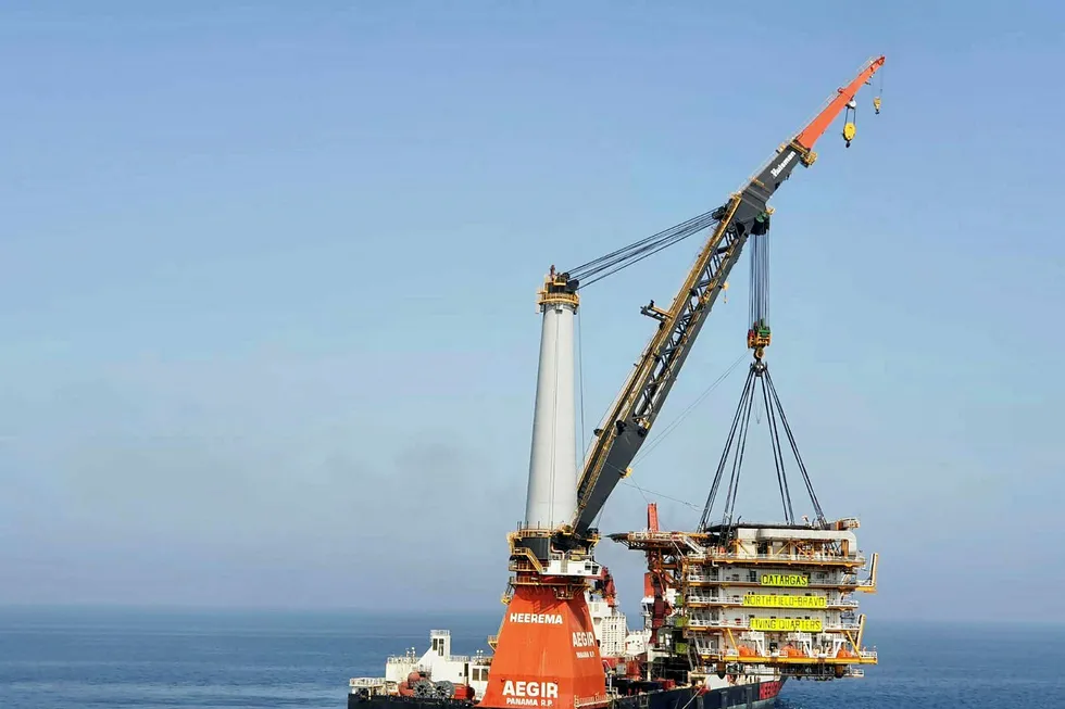 Installation: the Aegir heavy-lift vessel installing the expanded living quarters at North Field Bravo off Qatar