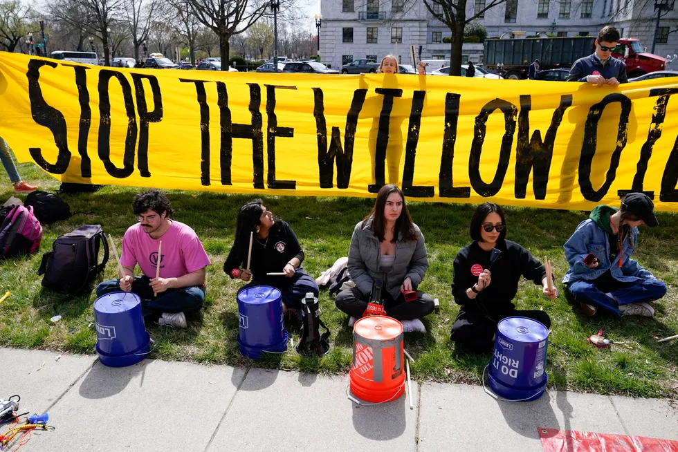 Challenge: Demonstrators protest against the approval of the Willow project before a scheduled speech by President Joe Biden in Washington.