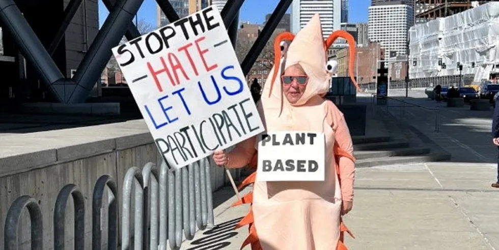 The show's ban of plant-based seafood makers drew a small protests last year outside the Boston seafood show.