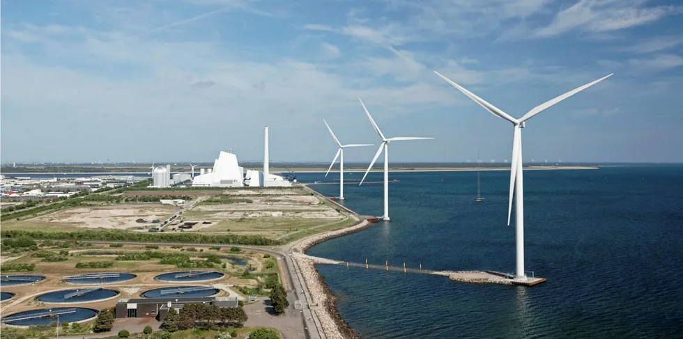Rendering of the H2RES offshore wind-to-hydrogen pilot project at Orsted's Avedore power plant in Denmark.