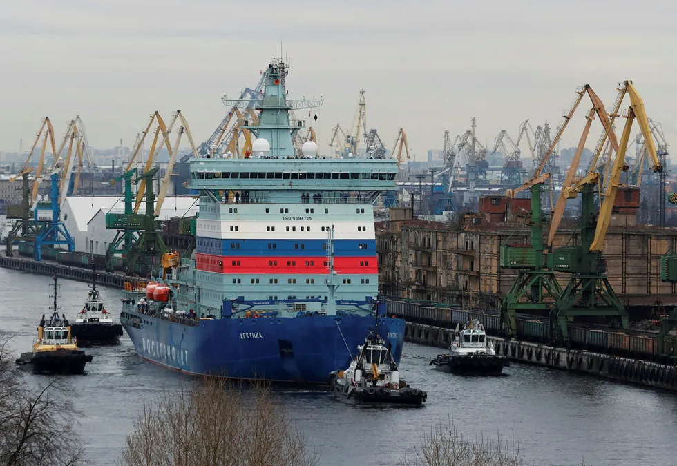 Open road: nuclear-powered icebreaker Arktika leaving St Petersburg on its voyage to Murmansk to enable year-round oil and gas exports from Russian Arctic greenfields