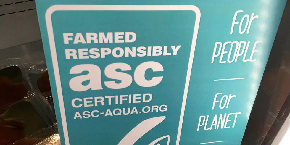 The Aquaculture Stewardship Council (ASC) logo on display at the Brussels Seafood Expo Global 2019 SEG.