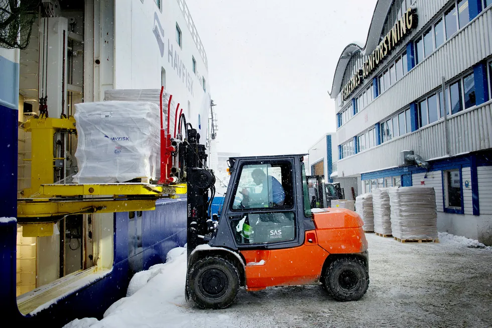 Terminalarbeider Raymond Henriksen, som er truckfører på Tromsø-terminalens fryselager, tømmer tråleren «Gadus Poseidon» for fisk. Foto: Ingun A. Mæhlum