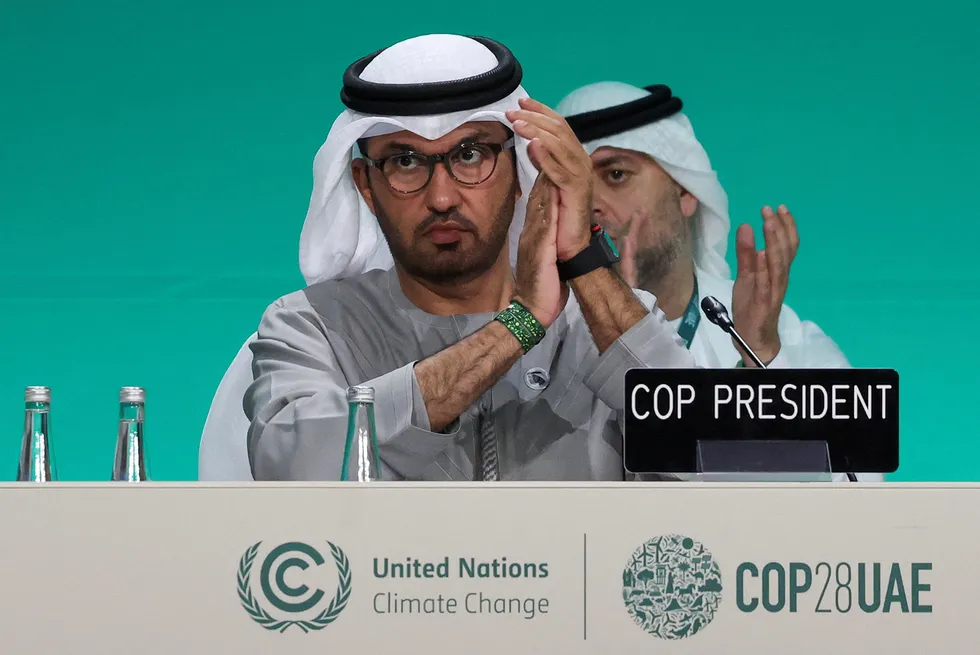 COP28 President and Adnoc chief executive Sultan Ahmed Al Jaber attends a plenary meeting, after a draft of a negotiation deal was released, at the climate change conference in Dubai.